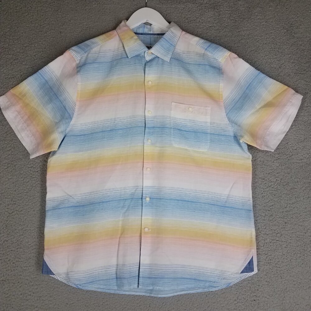 Tommy Bahama Linen Blend Shirt Adult Large Striped Beach Travel Button Up Men's
